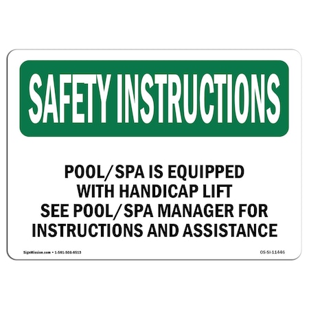 Signmission OSHA INSTRUCTIONS, 5" Height, Decal, 7" x 5", Landscape, Pool Spa Is Equipped With Handicap With OS-SI-D-57-L-11446